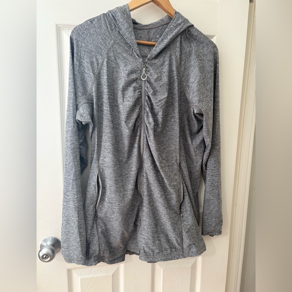 Athleta plus size 1X heathered grey athletic jacket with hood thumb holes